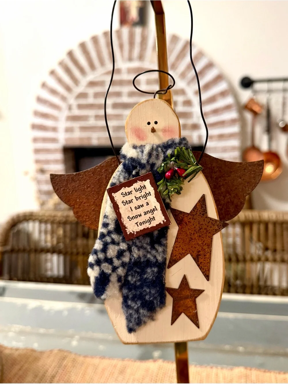 Hand Crafted Wooden Snow Angel Ornament with Blue Scarf and Rust Stars